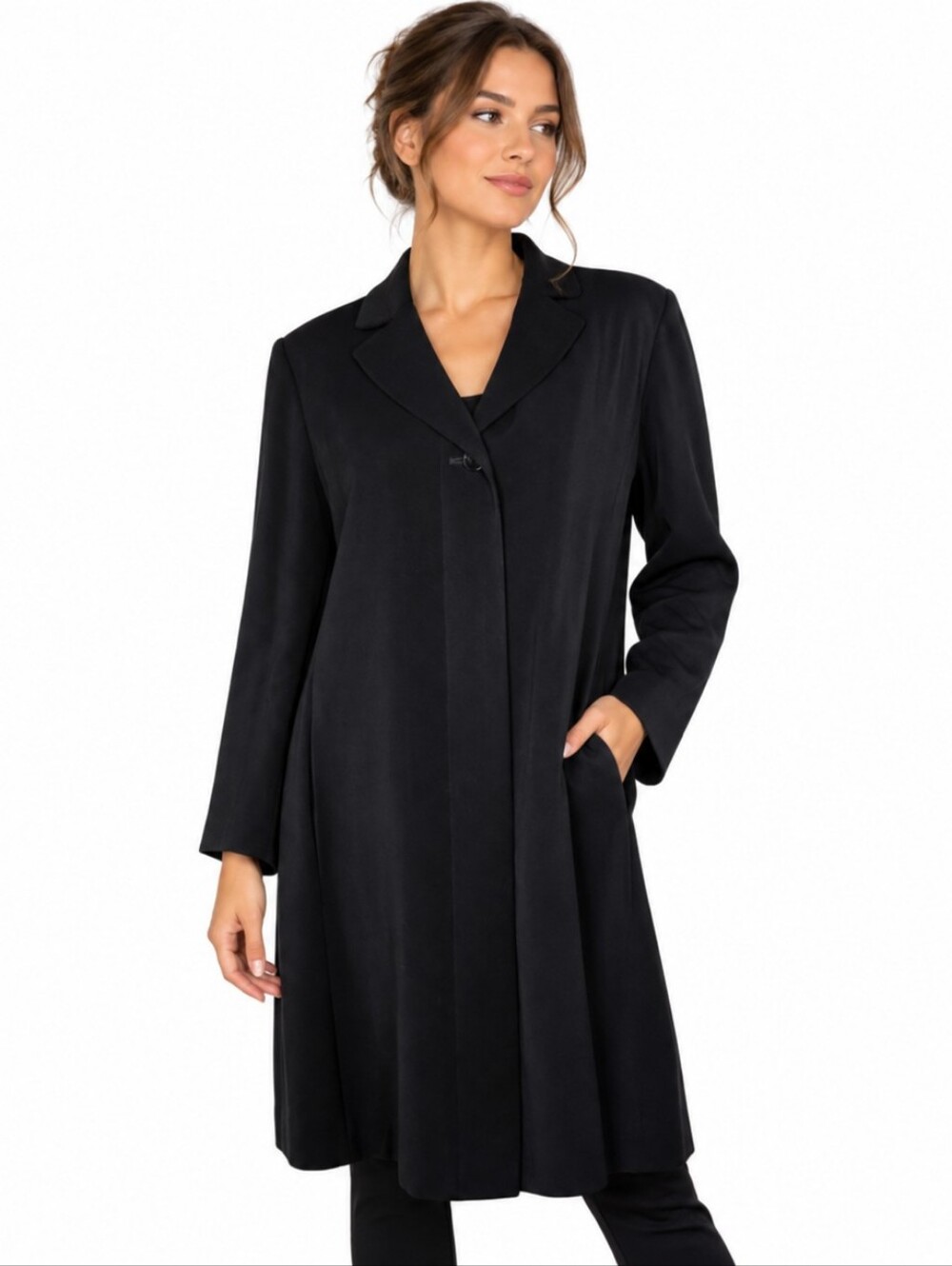 Vintage Portrait Black Longline Coat Women’s PL Classic Button Front Overcoat